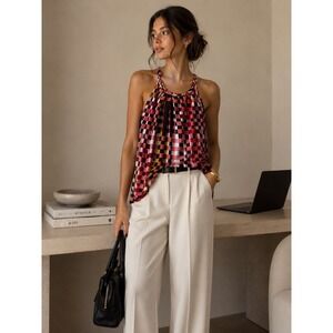7th Ave NY&Co Pink Gingham Blend Braided Halter Neck Pleated Top M Retro Career